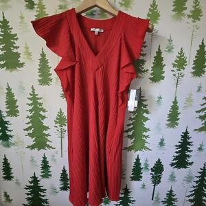 Sandra Darren Red V-Neck Ruffle Sleeve Midi Dress